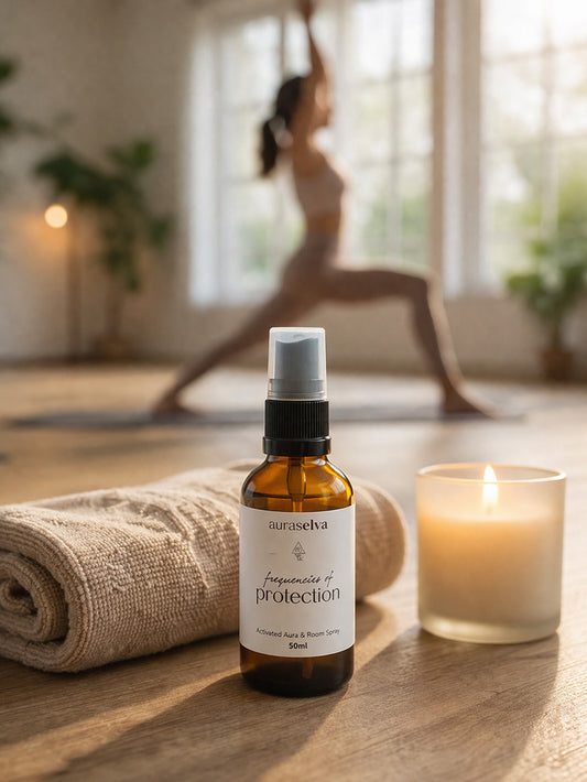 Auraselva bottle labeled 'frequencies of protection' on a yoga mat with a candle and person practicing yoga in the background.